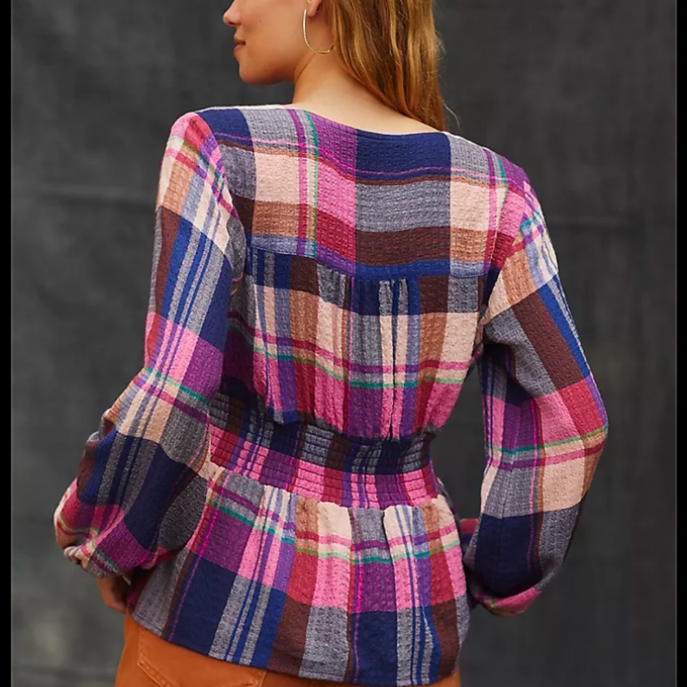 Anthro Pilcro M Plaid Deep-V Blouse - Picture 4 of 14